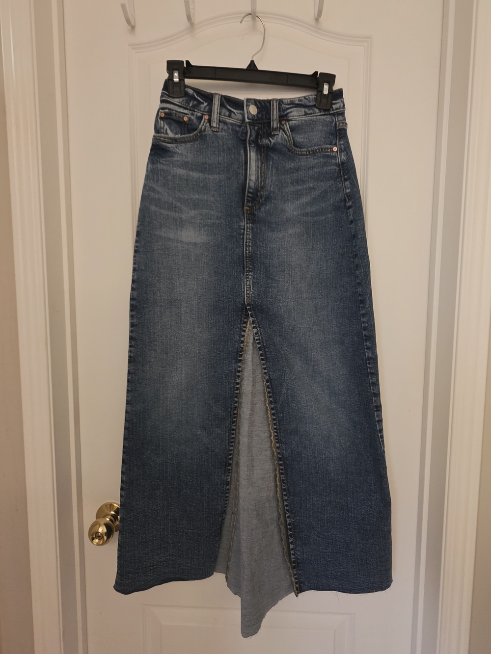 High-Waist Blue Denim Maxi Skirt with Front Slit